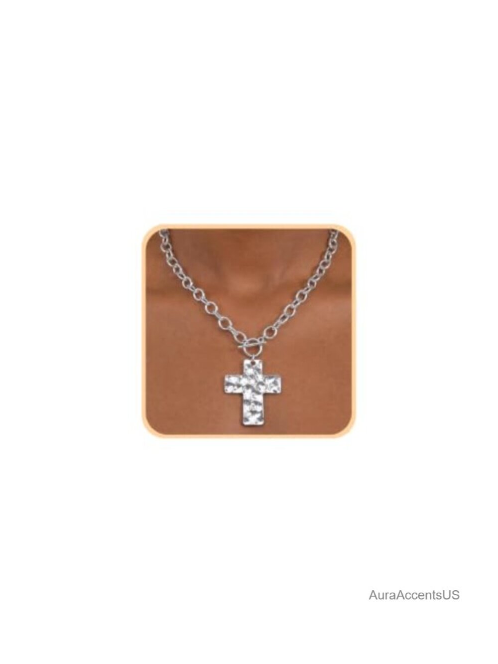 Chunky Hammered Cross Pendant Necklace Silver Plated Brass Statement